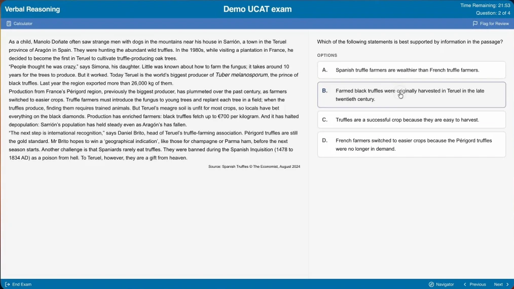 Frame from a real Papersetter online exam recording, showing a UCAT-style question, answer choices and timer.
